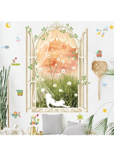BPA Tropical Plants Flower Fake Window Wall Sticker, Removable Fairytale Sunset Cartoon Cat Wallpaper Decals, Vine Grass Art Mural for Kids Room Bedroom Living Room Decoration