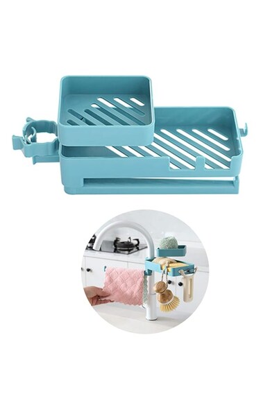 3 in 1 Kitchen Sink Organizer, Multifunctional Sponge and Dish Towel Holder, Plastic Caddy for Brushes, Towels, and Sponges, Compact Kitchen Storage Solution (Blue)
