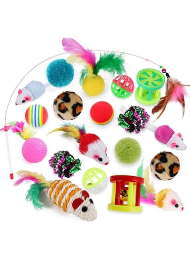 ZELLYA 20 Pcs Cat Toys Set Kitten Toys Assortments, Kitten Mouse Toys, Cat Ball Toys, Cat Feather Teaser Wand Toy, Cat Bell Toys, Cat Interactive Toys Set for Indoor Cat