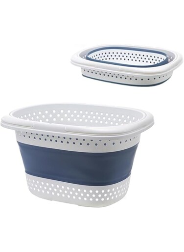 Laundry Hamper with Collapsible Handled,Plastic Laundry Basket Foldable Pop-Up Storage Oval tub space saving Organizer for washing Clothes and Home store Closet Bathroom,toy storage bin (30L) (BLUE)