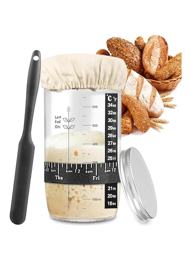 SPNOR Sourdough Starter Jar, Sourdough Starter Kit with Date Marked Feeding Band, Thermometer, Cloth Cover &amp; Metal Lid, Reusable Sourdough Bread Baking Supplies, Home Baking Supplies