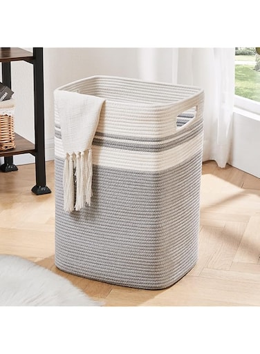 OIAHOMY Laundry Hamper, Tall Cotton Decorative Blanket Storage Basket with Handles for Living room,Collapsible Large Basket for Toys,Pillows,Clothes Organizer-16x13x22in-Gray