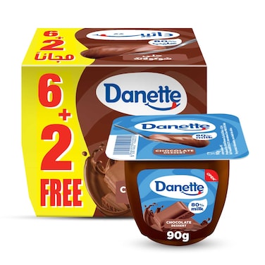 Danette Chocolate Pudding Dessert, Creamy Chocolate Custard Made with 80% Milk, 90g, Pack of 8