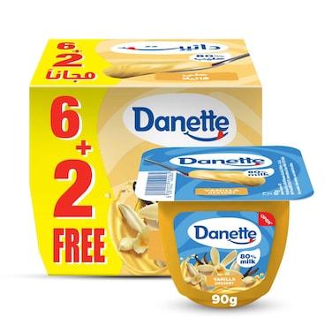 Danette Vanilla Pudding Dessert, Creamy Vanilla Custard Made with 80% Milk, 90g, Pack of 8
