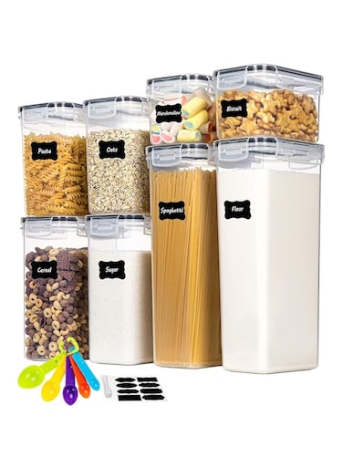 Bolivia's Airtight Food Storage Container Set, 8 Pcs Clear Food Storage Container with Lid, BPA-free Cereal and Snack Containers with Lables and Small Spoon for Kitchen Pantry Organization and Storage