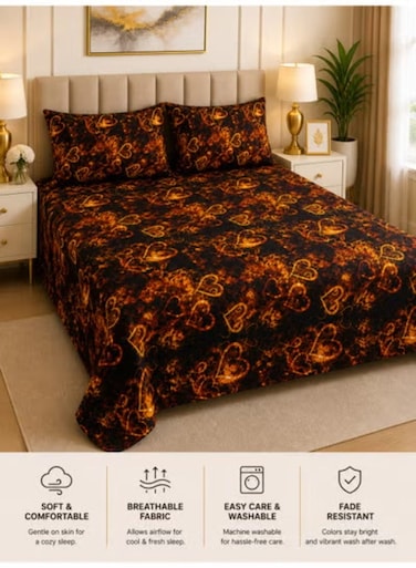 Queen Size Luxury Heart Print Bedsheet Set 3PCS &acirc;&euro;&ldquo; 125 GSM Soft Breathable Fabric, Fade Resistant &amp; Durable Bedding with 2 Pillow Covers, 220x220 CM