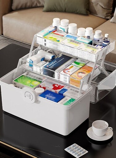 Family Medicine Storage Box Container, 3 Layers Folding First Aid Box Organizer with Locking Lid Handle, Multipurpose Durable Craft Tool Case Plastic Professional Emergency Bin for Home Travel Car Camping Office