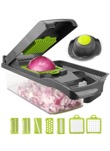 Chopper With Container Onion Chopper Dicer Quick Potato Cutter Kitchen Tool 7 Blade Vegetable Fruit Chopper Slicer With Cleaning Brush Drain Basket (Gray)