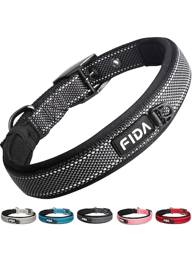 Fida Heavy Duty Dog Collar, Ultra Comfortable Soft Neoprene Padded, Adjustable Reflective Nylon Pet Collar with Durable Metal Belt Buckle for Medium Breeds (M, Black)