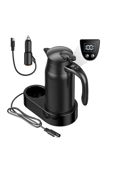 Portable car kettle for travel &ndash; fast heating, 12V power, ideal for tea, coffee, or instant meals.