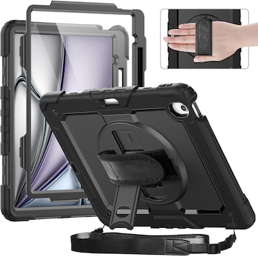 Case for iPad Air 13 inch Case 2024 (M2) Shockproof with Screen Protector/Pencil Holder/Hand Strap, [3-Layer] Heavy Duty Protective iPad Air13 6th Generation (A2898, A2899, A2900) - Black