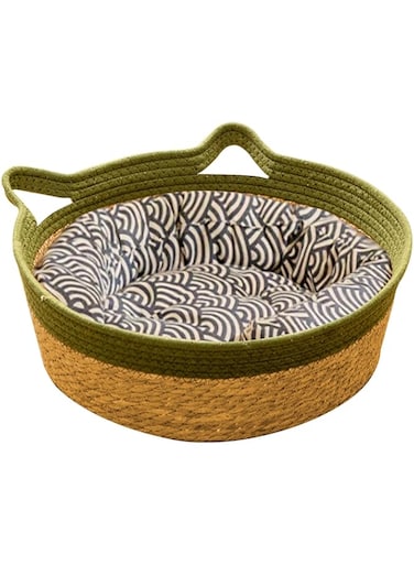 URbazaar Natural Wicker Cat and Dog Cushion Bed, Woven Pet Bed for Cats or Small Dogs, Handmade Braided Cattail Bed with Soft Cushion, Four Season Cozy Nest Baskets for Indoor Pet Puppy Kitten (Green)