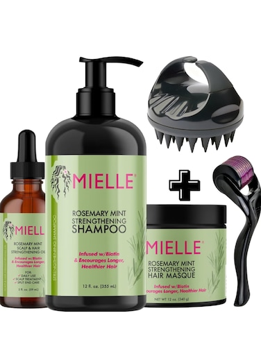 Mielle Organics Rosemary Mint Strengthening Full Set 5 - Rosemary Hair Oil, Shampoo, Hair Mask, Derma Ruller And Scrubber - For Hair Growth, Protection &amp; Treatment - Infused With Biotin 754ml