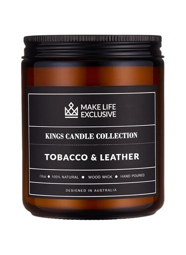 MAKE LIFE EXCLUSIVE Scented Candles for Men   Tobacco &amp; Leather Scented   Wood Wick, Long Lasting, Masculine Scents   Natural Soy Jar Candle for Home, Mancave &amp; Bacehlor Pad   The Perfect Mens Gift