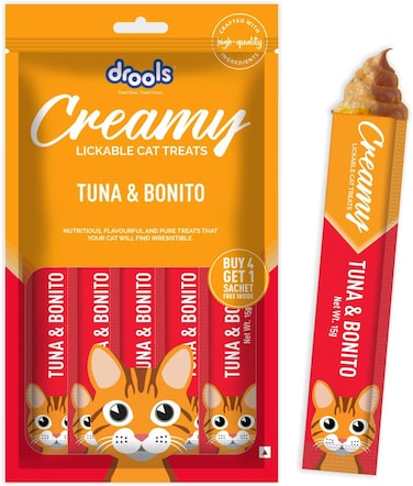 Drools Creamy Lickable Tuna &amp; Bonito Cat Treat (5 x 15 Gm)   Rich In Protein, Promotes Hydration, No Artificial Preservatives   Best For Training &amp; Bonding   For Kitten &amp; Adult