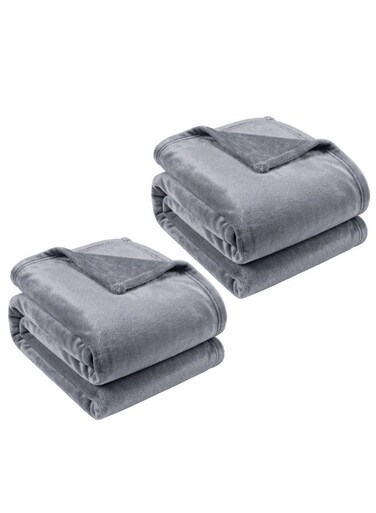 2-Pc Single Blanket Grey 280 GSM Microfiber Fleece Flannel Bed Blanket 150x200cm Super Plush and Silky Throw Blanket