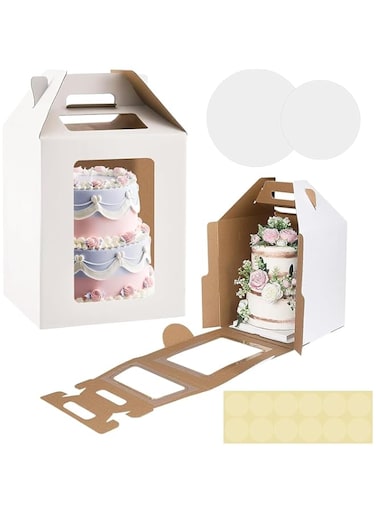 ChicAbode 2 Pack Tall Cake Boxes, 2 Sizes 10x10x12 &amp; 12x12x14 Inch Cake Boxes for Tier Cakes Large Layer Tall Cake Carriers with 4 Windows for Party Wedding, Birthday, Party