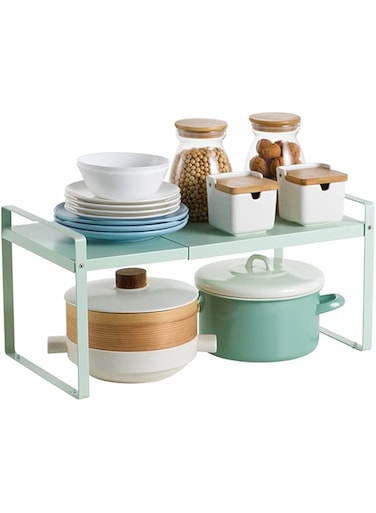 U-HOOME Expandable Countertop Organizer Shelf , Cupboard Stand Kitchen Spice Rack,Cabinet Pantry Shelf, Organization and Storage For Kitchen Bathroom (Green)