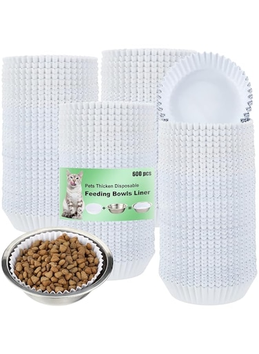 meekoo 600 Pcs Large Pet Disposable Feeding Bowls Liner Bulk Cat Food Bowls Small Paper Dish Paper Liner for Small Dogs Cats Dish Wet Food Feeding Station(White,Classic)