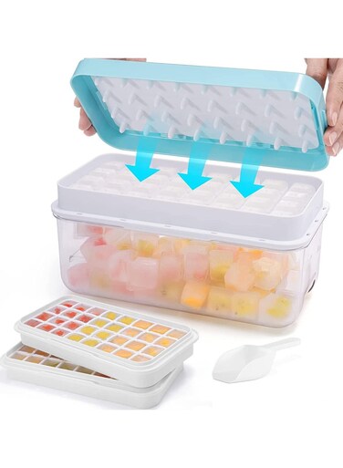 Basics Ice Cube Tray With Lid Storage Box Press Type 32x2 Double Ice Cubes Tray Easy Press Silicone Ice Cube Tray with Ice Container Blue