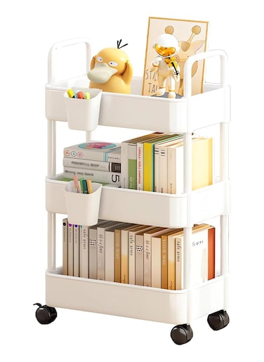 3-Tier Rolling Utility Cart with Wheels, Detachable Utility Storage Cart with Handle and Lockable Casters, Multi-Functional Storage Trolley for Office, Kitchen,Bathroom (White, 3-Tier)