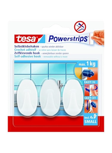 tesa Powerstrips Hooks Small OVAL - Removable Self-Adhesive Wall Hook for Glass, Tiles, Wood, Plastic and Other Surfaces - Waterproof - White - Strong Hold up to 1 kg