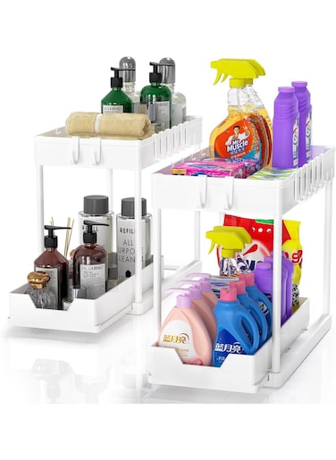 Pull-Out Spice Rack Organizer for Countertop - Plastic Tiered Shelf, Under-Sink Kitchen and Bathroom Storage Solution, Space-Saving Easy Access Home Organization (White)
