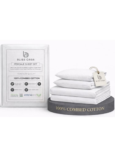 Casa Premium Percale Bed Sheet Set &acirc;&euro;&ldquo; 100% Combed Cotton, Crisp &amp; Breathable Comfort