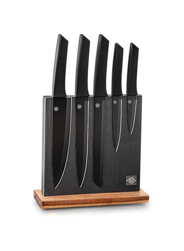B&amp;S knife block with 5pcs knife set block material:bamboo Size:24 * 9.5 * 23.4cm Handle material: black pp handle with TPR coated blade material:3cr14 with non-stick coated 8"chef's knife,1.5m