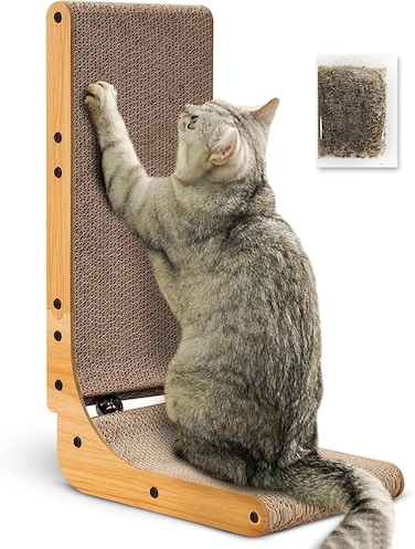 SAWA Cat Scratcher, Large 26.8 Inch Cardboard L Shape Cat Scratch Pad, Vertical Cat Scratching Board with Built-in Catnip Toy Ball, Wall-Mount Cat Scratchers for Indoor Cats