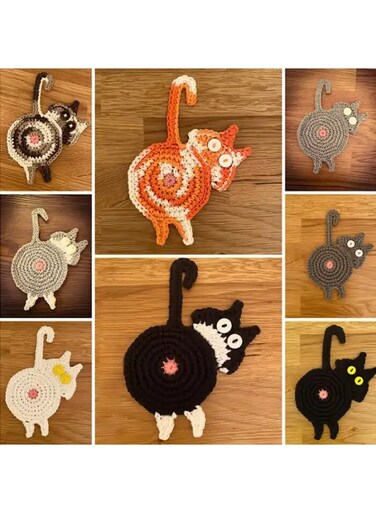 design   Home dining table decoration   Cat-shaped Coaster   Woven coaster, Knitted coaster, Handmade   random colors, multiple colors available.