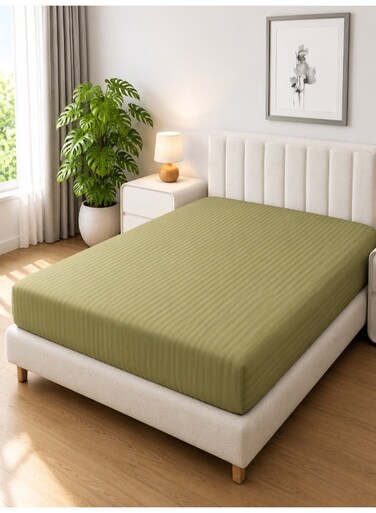Linen Klub 1-Piece Microfiber Fitted Sheet Striped,Color: Olive, Super King (200 x 200 cm), Design Soft Fabric Deep Pocket Elastic Edge Bed Linen