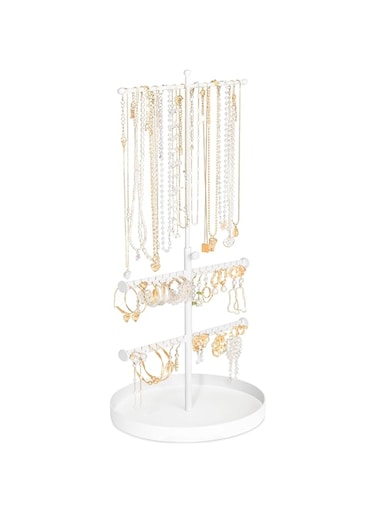 Azonee Jewelry Organizer Stand, 3 Tier Necklace Organizer Holder Earring Holder, Height Adjustable Jewelry Earring Display Towers Stand, Bracelets Long Necklaces Jewelry Organizer with Tray (White)