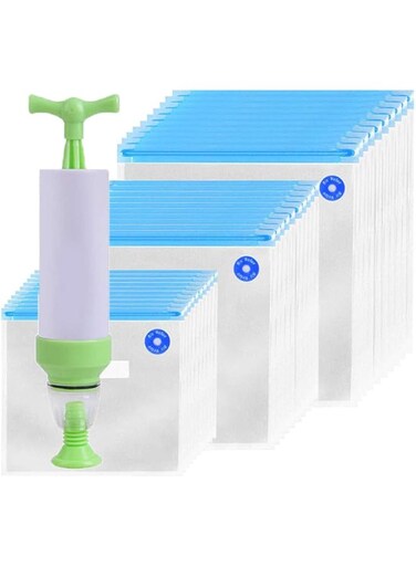 BeOne Sous Vide Vacuum Bags, 37pcs Sous Vide Bags BPA Free Reusable Vacuum Food Storage Bags with Pump, 4 Bag Clips for Food Storage and Chefsteps, Anova, Joule, Wancle Sous Vide Cooking