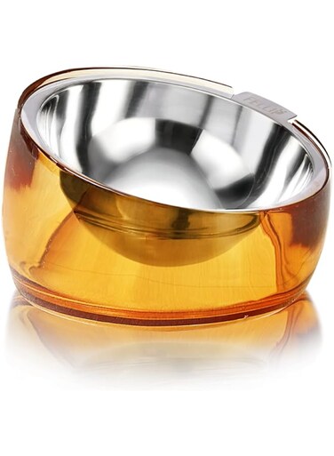 Felli Pet Oblik Acrylic Raised Dog Food Water Bowl Stainless Steel Slanted Oval Dish for Short Leg Puppy &amp; Small Medium Pet, Elevated Tilted Metal Feeder Angled Plastic Spill Proof (1.5Cups, Gold)