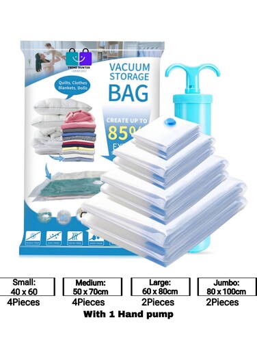 Storage Bags 12 pcs with Free Hand Pump Reusable Travel Compression Storage Bags for Clothes, Comforters &amp; Blankets Space Saver Bags with Hand Pump
