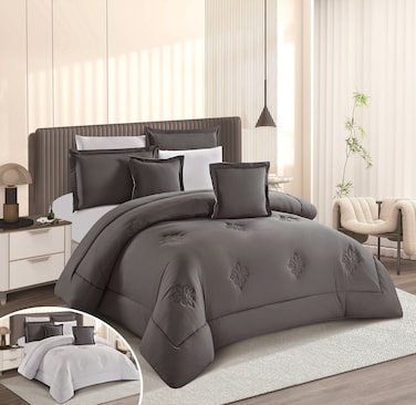 STARGOLD Microfiber Solid Comforter 8 Pieces Set Fitted Sheet, Pillow Sham, Pillow Case, Cushion Comforter 260X240 CM King Size Mattress, SG-CS2004-SOLID84 DARK GREY