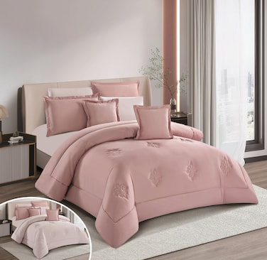 STARGOLD Microfiber Solid Comforter 8 Pieces Set Fitted Sheet, Pillow Sham, Pillow Case, Cushion Comforter 260X240 CM King Size Mattress, SG-CS2004-SOLID83 FLESH PINK