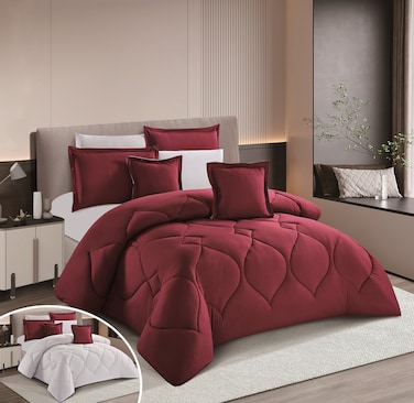 STARGOLD Microfiber Solid Comforter 8 Pieces Set Fitted Sheet, Pillow Sham, Pillow Case, Cushion Comforter 260X240 CM King Size Mattress, SG-CS2004-SOLID75 BURGUNDY GREY