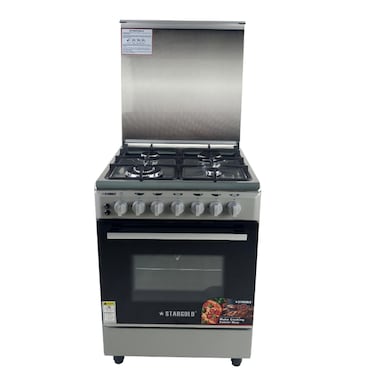 STARGOLD Freestanding Cooker, Four Gas Burners with One-Hand Ignition, Cast Iron Pan Support, Gas Oven + Grill, 80L Capacity, Adjustable Legs 60x60 cm