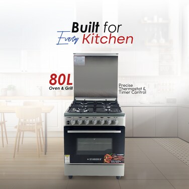 STARGOLD Freestanding Cooker, Four Gas Burners with One-Hand Ignition, Cast Iron Pan Support, Gas Oven + Grill, 80L Capacity, Adjustable Legs 60x60 cm