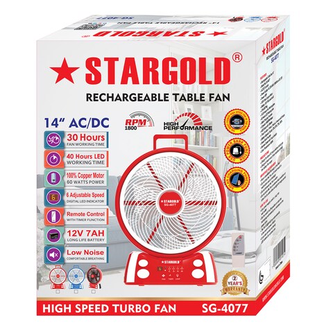 STARGOLD Rechargeable High-Speed Turbo Table Fan 14&quot; Inch With Remote Control, AC/DC Operated, SG-4077