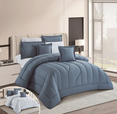 STARGOLD Microfiber Solid Comforter 8 Pieces Set Fitted Sheet, Pillow Sham, Pillow Case, Cushion Comforter 260X240 CM King Size Mattress, SG-CS2004-SOLID80 NAVY BLUE