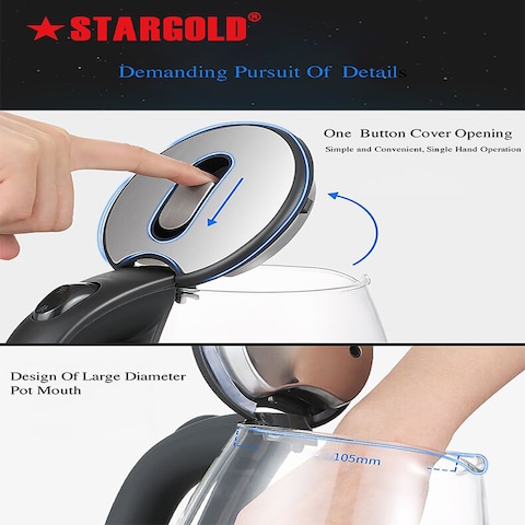 STARGOLD Glass Kettle 1500W 1.8L Blue LED Light Indicator 360° Turnable Base Stainless Steel Heating Element Black