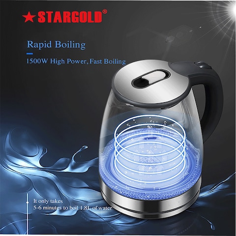 STARGOLD Glass Kettle 1500W 1.8L Blue LED Light Indicator 360° Turnable Base Stainless Steel Heating Element Black