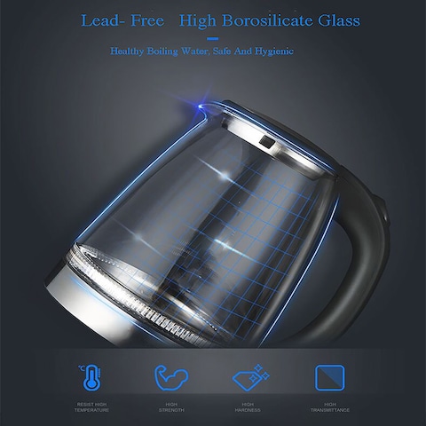 STARGOLD Glass Kettle 1500W 1.8L Blue LED Light Indicator 360° Turnable Base Stainless Steel Heating Element Black
