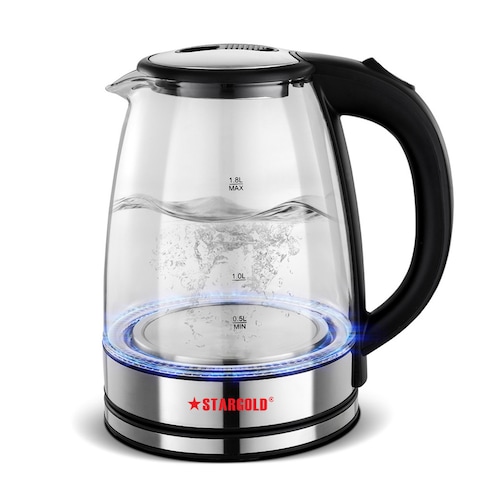 STARGOLD Glass Kettle 1500W 1.8L Blue LED Light Indicator 360° Turnable Base Stainless Steel Heating Element Black