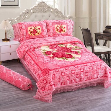 STARGOLD Luxury Blanket Set Of 5 Pieces King Size Double Ply Embossed Design Bedspread, Blanket, Pillow Cases And Neck Roll, SG-BLC660