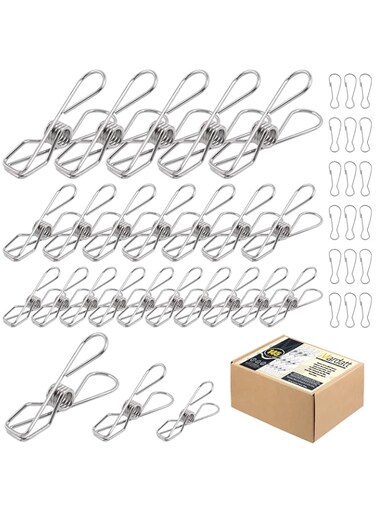 Mardatt 145 Pcs Multi-Purpose Stainless Steel Clothes Pins with Spring Lanyard Hook, 4/6/8 CM Windproof Metal Wire Utility Clips Clothespin, Bag Clips, Heavy Duty Tightly Seals Chip for Home Office