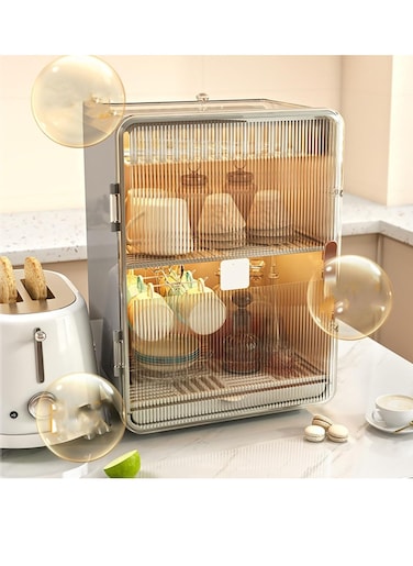 Cup Storage Container, Covered Dish and Cup Drying Rack, Kitchen Drainer with Lid, Plastic Dustproof Drain Storage Box Large Basket Cutlery Holder Utensil Organizer Caddy Box for Kitchen Counter